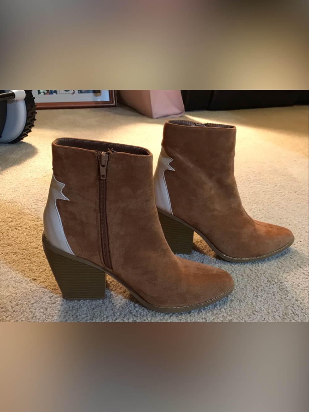 Suede Brown Ankle Booties with Side Zip and Contrast Panel